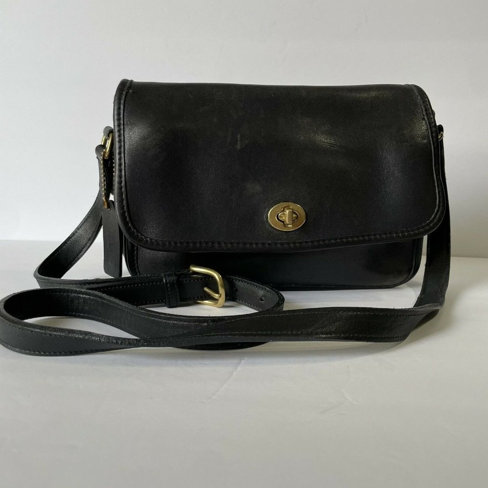 Vintage Coach Black Leather Crossbody Bag with Gold Hardware